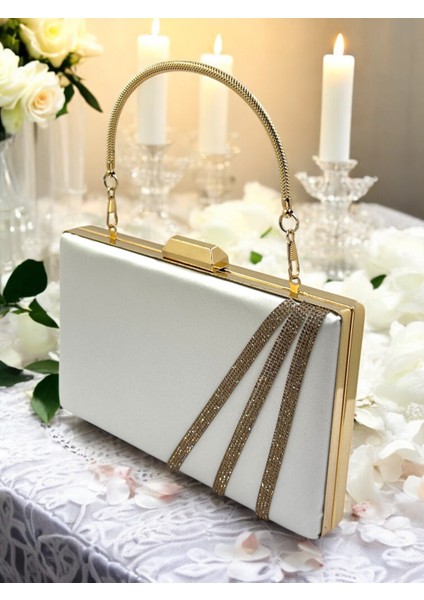Sedef Ekru Renk Saten Çapraz Altın Kristal Taşlı Kadın Abiye Çanta Düğün Nişan Mezuniyet