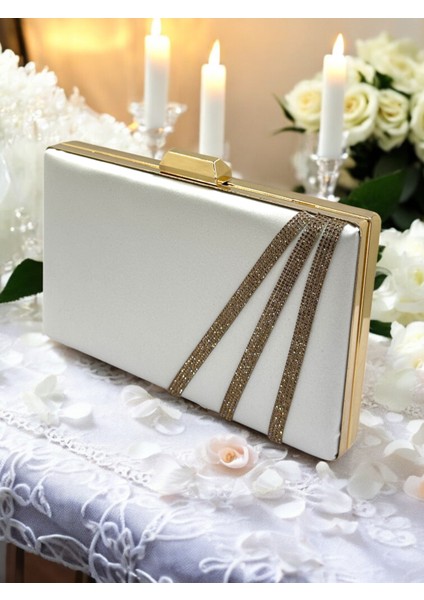 Sedef Ekru Renk Saten Çapraz Altın Kristal Taşlı Kadın Abiye Çanta Düğün Nişan Mezuniyet modelleri