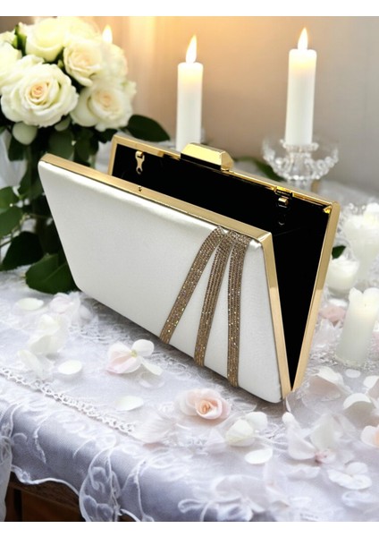 Sedef Ekru Renk Saten Çapraz Altın Kristal Taşlı Kadın Abiye Çanta Düğün Nişan Mezuniyet fırsatları