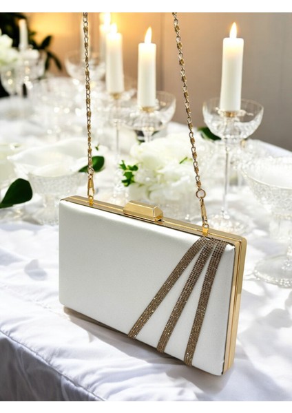 Sedef Ekru Renk Saten Çapraz Altın Kristal Taşlı Kadın Abiye Çanta Düğün Nişan Mezuniyet