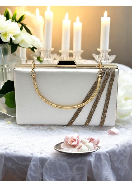 Sedef Ekru Renk Saten Çapraz Altın Kristal Taşlı Kadın Abiye Çanta Düğün Nişan Mezuniyet