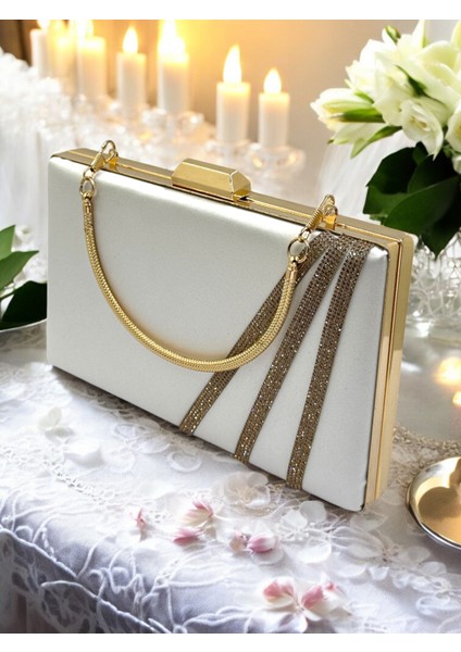 Sedef Ekru Renk Saten Çapraz Altın Kristal Taşlı Kadın Abiye Çanta Düğün Nişan Mezuniyet