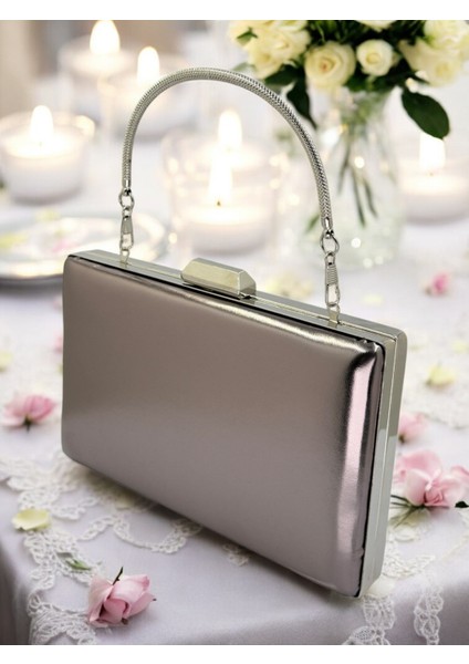 Antrasit Gri Platin Renk Cilt Deri Mat Deri Abiye Çanta Gece Çantası Nişan Düğün Çantası