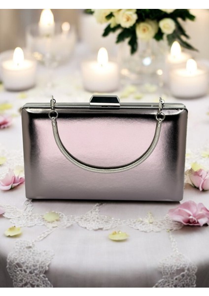 Antrasit Gri Platin Renk Cilt Deri Mat Deri Abiye Çanta Gece Çantası Nişan Düğün Çantası