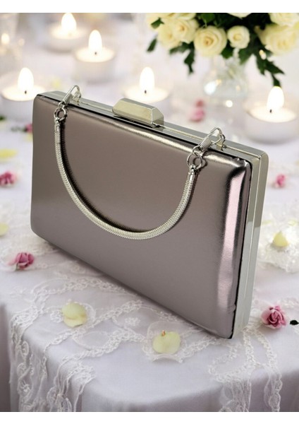 Antrasit Gri Platin Renk Cilt Deri Mat Deri Abiye Çanta Gece Çantası Nişan Düğün Çantası