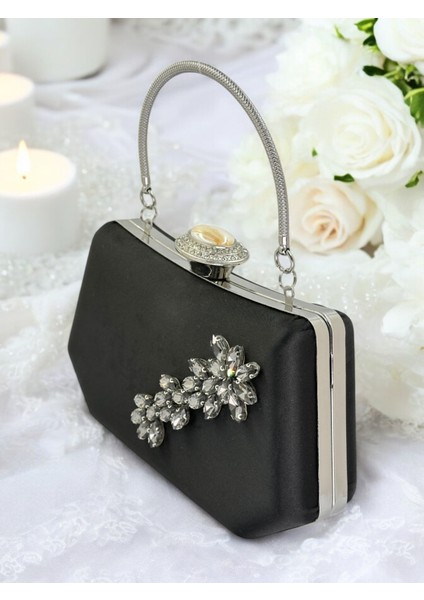 Siyah Renk Siyah Kristal Taşlı Zarif Tasarım Metal Saplı Abiye Çantası