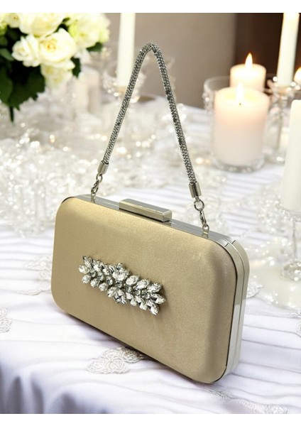 Nude Renk Saten Taşlı Saplı Kadın Abiye Çanta Düğün Nişan Mezuniyet