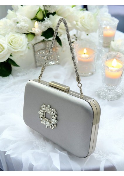 Gümüş Gri Lame Renk Saten Taşlı Saplı Kadın Abiye Çanta Düğün Nişan Mezuniyet