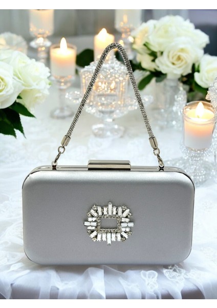 Gümüş Gri Lame Renk Saten Taşlı Saplı Kadın Abiye Çanta Düğün Nişan Mezuniyet fiyatları