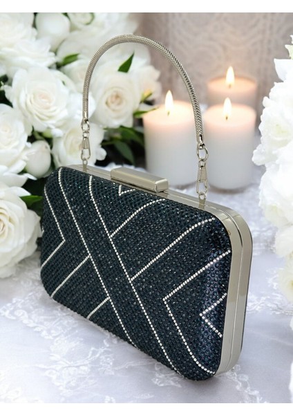 Lacivert ve Gümüş Taşlı Metal Saplı Kadın Abiye Çanta Düğün Nişan Mezuniyet