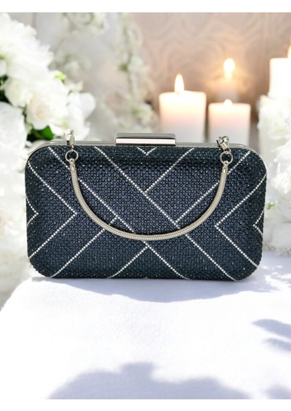 Lacivert ve Gümüş Taşlı Metal Saplı Kadın Abiye Çanta Düğün Nişan Mezuniyet fırsatları