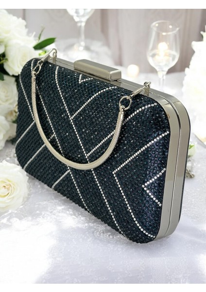 Lacivert ve Gümüş Taşlı Metal Saplı Kadın Abiye Çanta Düğün Nişan Mezuniyet indirimleri