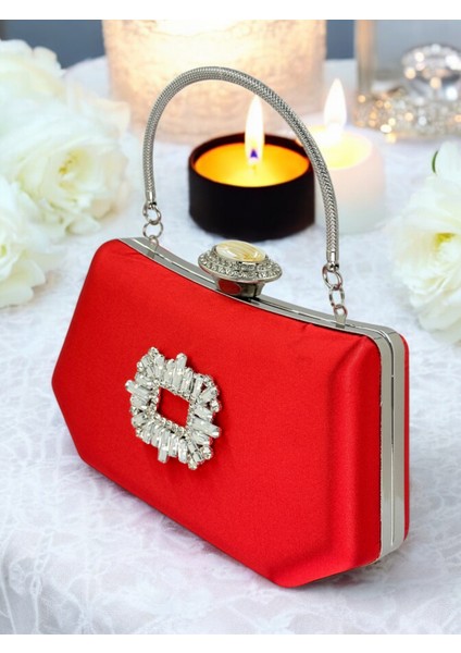 Kırmızı Renk Gümüş Kristal Taşlı Zarif Tasarım Metal Saplı Abiye Çantası