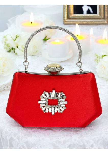 Kırmızı Renk Gümüş Kristal Taşlı Zarif Tasarım Metal Saplı Abiye Çantası fiyatları
