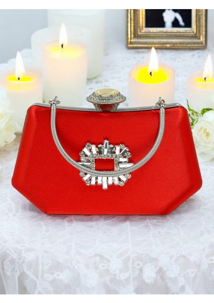 Kırmızı Renk Gümüş Kristal Taşlı Zarif Tasarım Metal Saplı Abiye Çantası modelleri