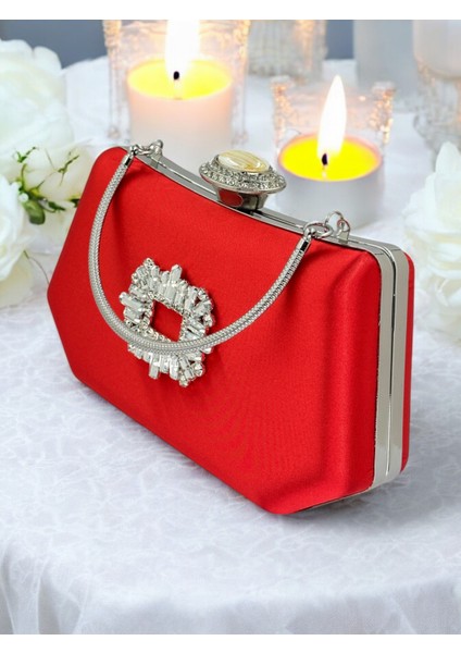 Kırmızı Renk Gümüş Kristal Taşlı Zarif Tasarım Metal Saplı Abiye Çantası fırsatları