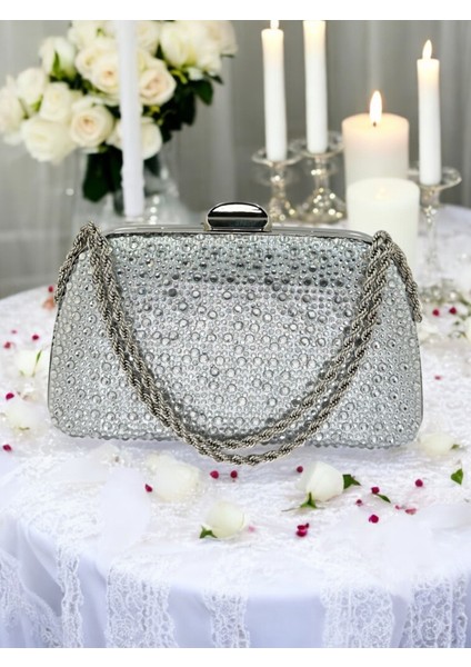 Gümüş Gri Lame Renk Taşlı Zincir Kulplu Kadın Abiye Çanta Mezuniyet Düğün Nişan fiyatları