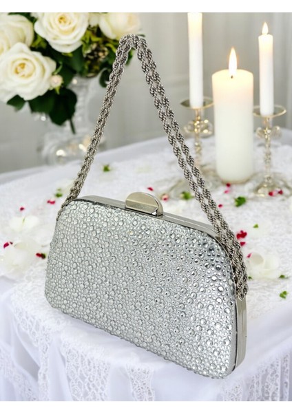 Gümüş Gri Lame Renk Taşlı Zincir Kulplu Kadın Abiye Çanta Mezuniyet Düğün Nişan modelleri