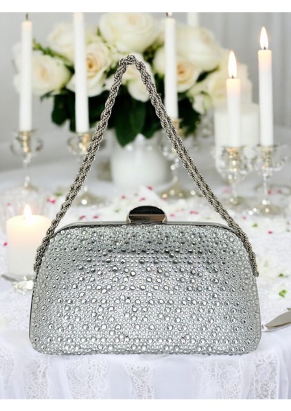 Gümüş Gri Lame Renk Taşlı Zincir Kulplu Kadın Abiye Çanta Mezuniyet Düğün Nişan fırsatları