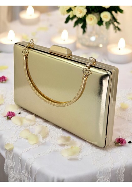 Altın Gold Dore Renk Cilt Deri Mat Deri Abiye Çanta Gece Çantası Nişan Düğün Çantası
