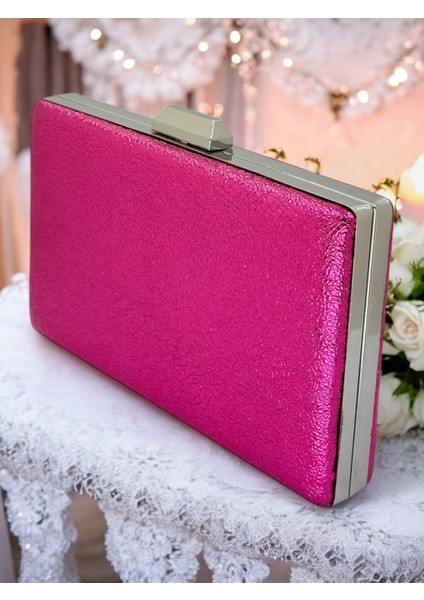 Fuşya Platin Kristal Desenli Mat Deri Metal Saplı Abiye Çanta Gece Çantası Kına Düğün Nişan Çantası