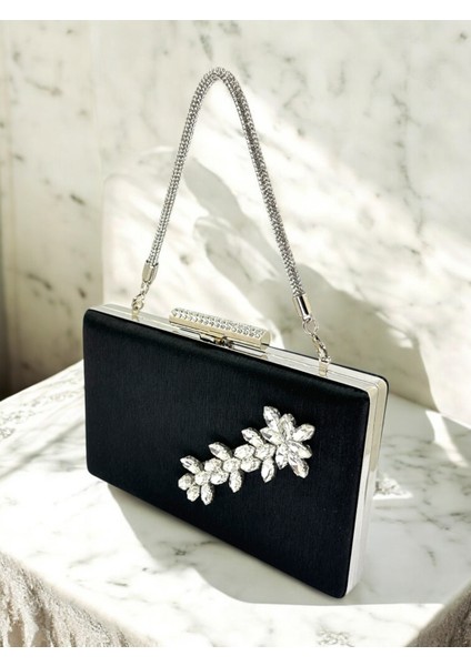 Siyah Taşlı Saplı Renk El Izi Yapmayan Simli Saten Kristal Taşlı Kadın Abiye Çanta Düğün Nişan