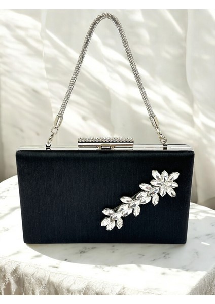 Siyah Taşlı Saplı Renk El Izi Yapmayan Simli Saten Kristal Taşlı Kadın Abiye Çanta Düğün Nişan fiyatları