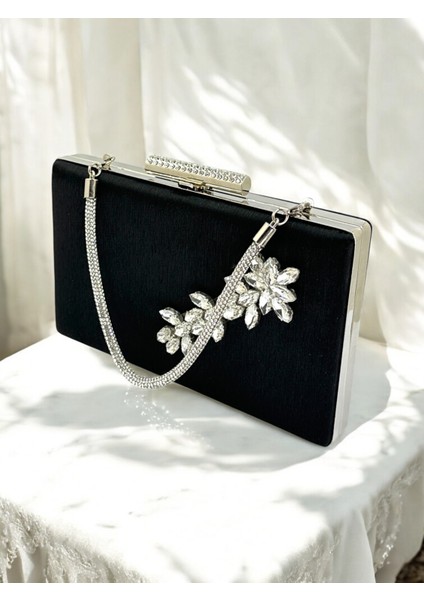 Siyah Taşlı Saplı Renk El Izi Yapmayan Simli Saten Kristal Taşlı Kadın Abiye Çanta Düğün Nişan modelleri