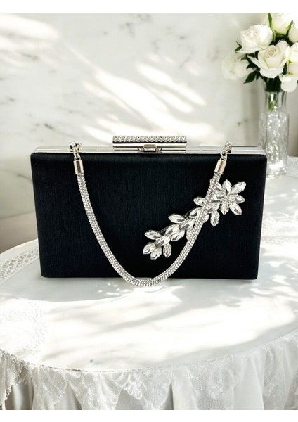 Siyah Taşlı Saplı Renk El Izi Yapmayan Simli Saten Kristal Taşlı Kadın Abiye Çanta Düğün Nişan fırsatları