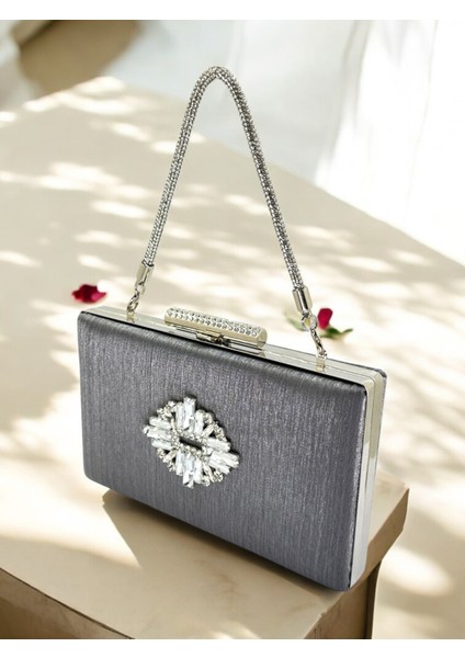 Antrasit Gri Platin Taşlı Saplı Renk El Izi Yapmayan Çizgili Saten Kristal Taşlı Kadın Abiye Çanta