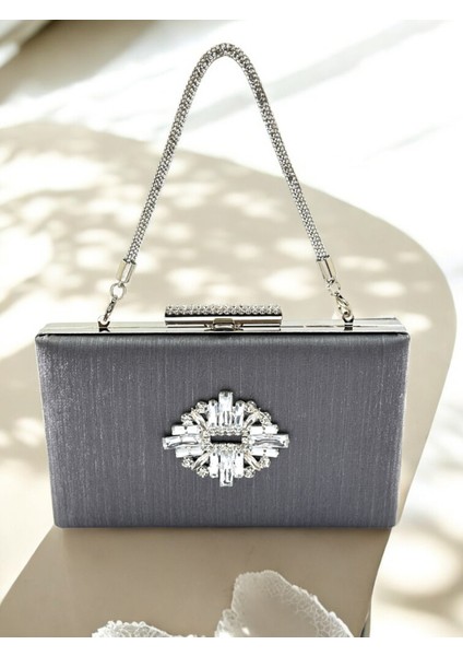 Antrasit Gri Platin Taşlı Saplı Renk El Izi Yapmayan Çizgili Saten Kristal Taşlı Kadın Abiye Çanta fiyatları