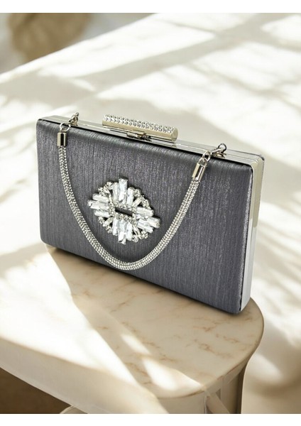 Antrasit Gri Platin Taşlı Saplı Renk El Izi Yapmayan Çizgili Saten Kristal Taşlı Kadın Abiye Çanta modelleri