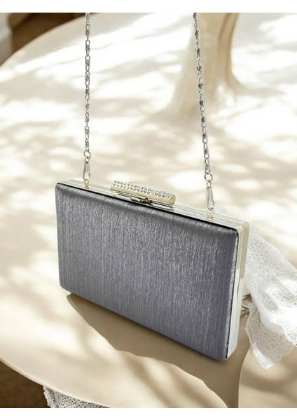 Antrasit Gri Platin Taşlı Saplı Renk El Izi Yapmayan Çizgili Saten Kristal Taşlı Kadın Abiye Çanta