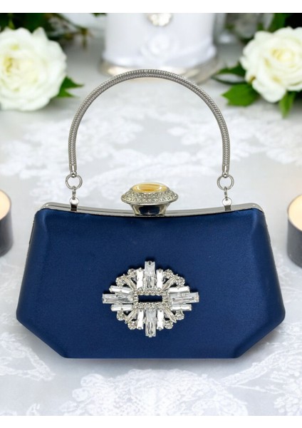 Lacivert Renk Gümüş Kristal Taşlı Zarif Tasarım Metal Saplı Abiye Çantası fiyatları