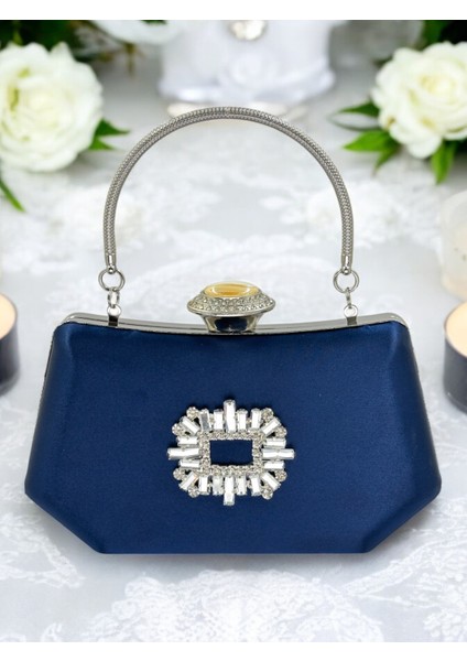 Lacivert Renk Gümüş Kristal Taşlı Zarif Tasarım Metal Saplı Abiye Çantası fiyatları