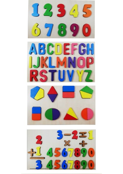 Ahşap Puzzle 4’lü Yapboz Seti Sayılar Alfabe Matematik Geometrik Şekiller Renkli modelleri