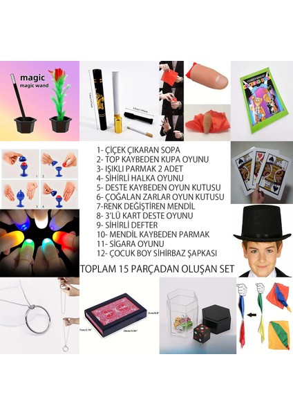 Zeroshop Çocuklar Için 15 Parça Sihirbazlık ve Illüzyon Seti – Başlangıç Gösteri Kutusu