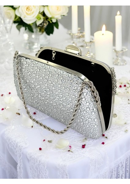 Gümüş Gri Lame Renk Taşlı Zincir Kulplu Kadın Abiye Çanta Mezuniyet Düğün Nişan indirimleri