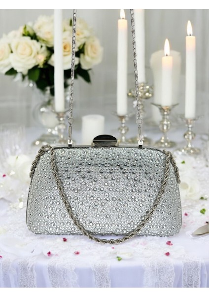 Gümüş Gri Lame Renk Taşlı Zincir Kulplu Kadın Abiye Çanta Mezuniyet Düğün Nişan