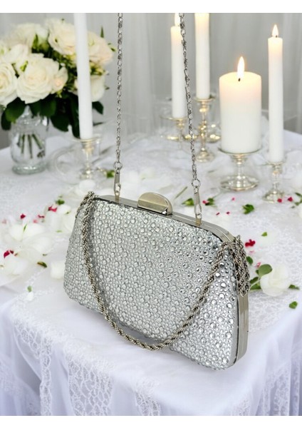 Gümüş Gri Lame Renk Taşlı Zincir Kulplu Kadın Abiye Çanta Mezuniyet Düğün Nişan
