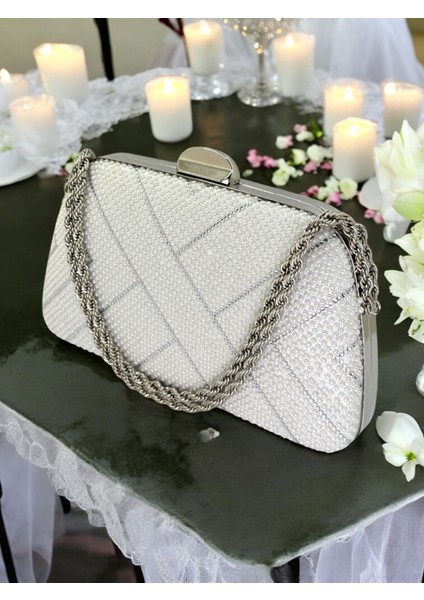 Sedef Ekru Altın Renk Incili Zincir Kulplu Kadın Abiye Çanta Mezuniyet Düğün Nişan