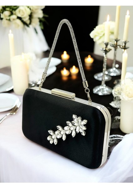 Siyah Renk Saten Taşlı Saplı Kadın Abiye Çanta Düğün Nişan Mezuniyet
