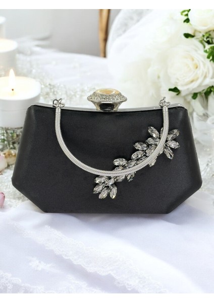 Siyah Renk Siyah Kristal Taşlı Zarif Tasarım Metal Saplı Abiye Çantası modelleri