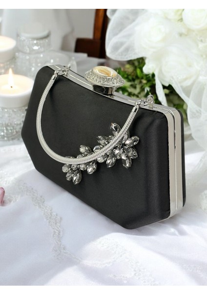 Siyah Renk Siyah Kristal Taşlı Zarif Tasarım Metal Saplı Abiye Çantası fırsatları