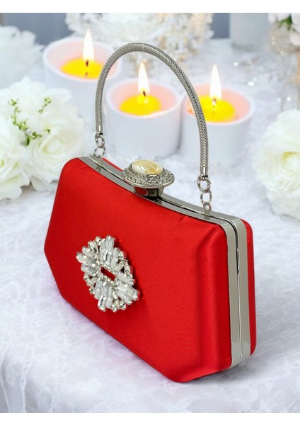 Kırmızı Renk Gümüş Kristal Taşlı Zarif Tasarım Metal Saplı Abiye Çantası