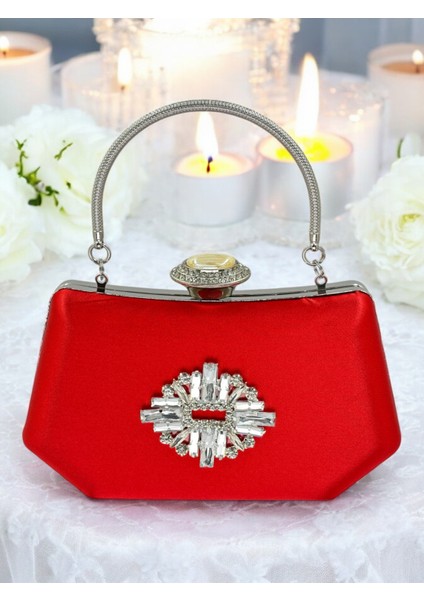 Kırmızı Renk Gümüş Kristal Taşlı Zarif Tasarım Metal Saplı Abiye Çantası fırsatları