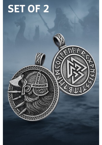 Paslanmaz Çelik 2’li Viking Kolye Seti – Valknut ve Savaşçı Sembolü Erkek Kolye