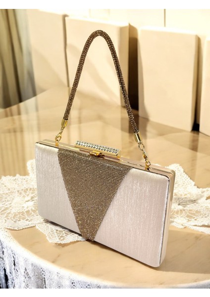 Ten Nude Taşlı Saplı Simli Saten Üzeri Altın Kristal Taş Süslemeli Kadın Abiye Çanta