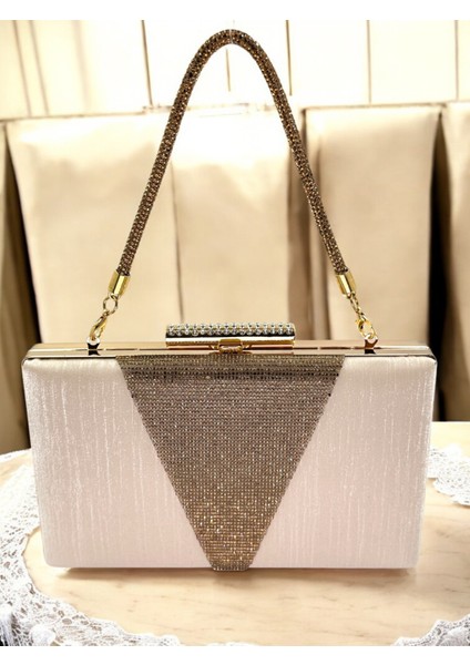 Ten Nude Taşlı Saplı Simli Saten Üzeri Altın Kristal Taş Süslemeli Kadın Abiye Çanta fiyatları