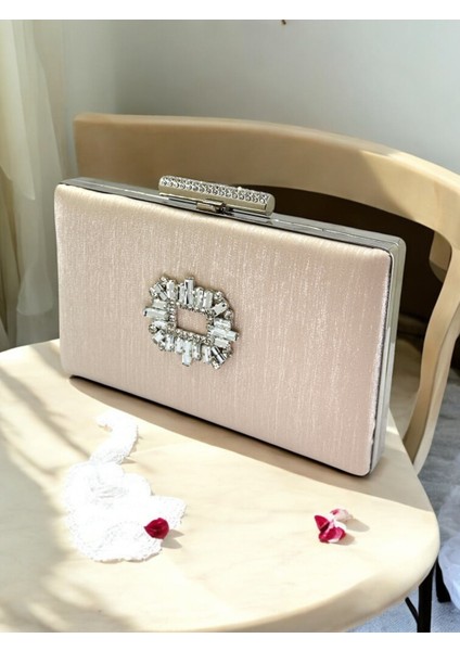 Ten Nude Renk El Izi Yapmayan Simli Saten Kristal Taşlı Kadın Abiye Çanta Düğün Nişan